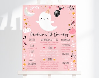 Editable Pink Ghost First Birthday Milestone Sign First Boo-day Little BOO Ghost Halloween Party Spooktacular Digital Download A636