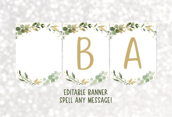 Editable Greenery Gold Baby Shower Banner Eucalyptus Leaves Greenery Gender Neutral Coed Baby Shower Printable Digital Download A529 Il_570xn