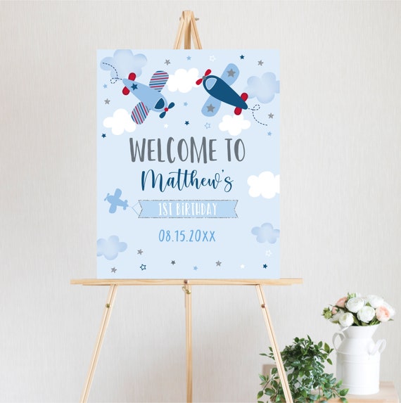 Editable Airplane Birthday Welcome Sign, Boys Airplane Party, First Birthday, Stars, Clouds, Blue, Red, Printable, Instant Download A566 Il_570xn