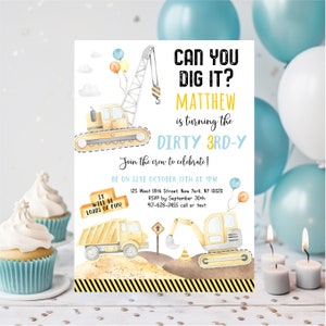 Editable Construction Dirty 3rd-y Birthday Invitation Construction Trucks 3rd Birthday Invite Construction Party Digger Dump Truck A665