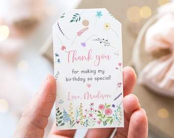 Editable Wildflower Birthday Thank You Tags Favor Tags Little Wildflower Birthday Flower Birthday Pink Floral Garden Party Digital A676
