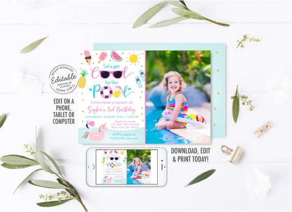 EDITABLE Pool Party Birthday Invitation Girls Pool Party Let's Get Cool Ice Cream Watermelon Pineapple Printable Instant Download Corjl A533 Il_570xn