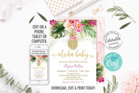 EDITABLE Pineapple Baby Shower Invitation Tropical Floral Aloha Baby Gold Pineapple Pink Floral Printable Digital Instant Download A494 Il_570xn