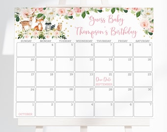 May include: A pink and gold baby shower calendar with a floral design and woodland animals. The calendar is for guessing the baby's birthday. The due date is 21st September. Guess Baby Thompson's Birthday.
