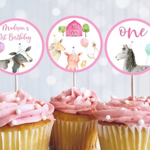 Editable Pink Farm Cupcake Toppers Girl Farm Party Barnyard Birthday Farm Animal Balloons Pink Gold Printable Digital Download A629