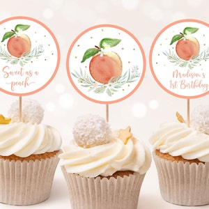 Editable Peach Birthday Cupcake Toppers Sweet As A Peach First Birthday Peach Gold Floral Girl 1st Birthday Printable Digital Download A608