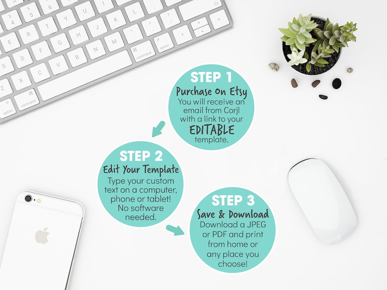 May include: A white background with three steps to edit a template. Step 1: Purchase on Etsy. Step 2: Edit Your Template. Step 3: Save & Download. A keyboard, a mouse, a smartphone, and a potted succulent are shown in the background.