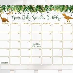 Dinosaur Baby Shower Due Date Calendar, Gold Dinosaur Baby Shower, Dinosaur Safari, Birthday Predictions Calendar, Editable PrintableA498