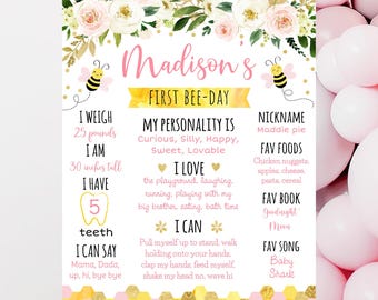 Editable Pink Bee Birthday Milestone Sign First Bee-Day Little Honey Bee Honeycomb Floral Girl First Birthday Milestone Sign Printable A541