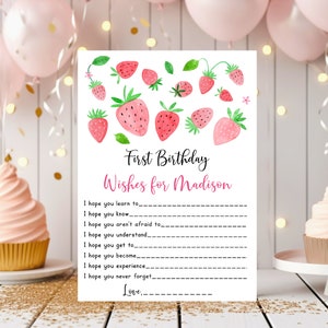 Bearbeitbare Erdbeere Erster Geburtstag Wünscht Beere süße Erdbeere Party Girl Erster Geburtstag Aquarell Erdbeeren Digitaler Download A667