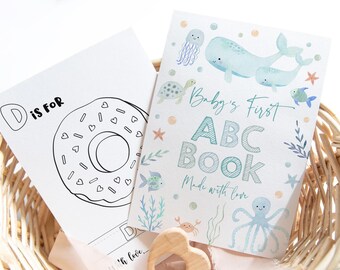 Libro ABC per Baby Shower "Blu sotto il mare", Primo libro ABC per neonati, Libro da colorare con l'alfabeto, Attività per Baby Shower, Pagine da colorare, Digitale A725