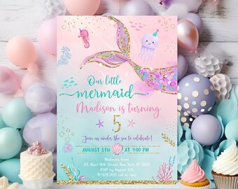 Editable Little Mermaid Under The Sea Birthday Invitation Mermaid Birthday Invite Mermaid Party Pink Purple Gold Mermaid Tail Download A711
