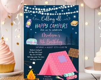 Editable Girl Camping Birthday Invitation Camping Sleepover Party Invite Glamping S'mores Pink Camper Camping Under Stars Digital A630
