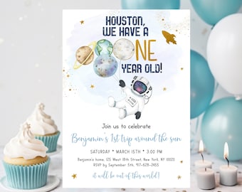 May include: A blue and gold astronaut-themed first birthday party invitation with the text "Houston, we have a one year old!" and "Join us to celebrate Benjamin's 1st trip around the sun".