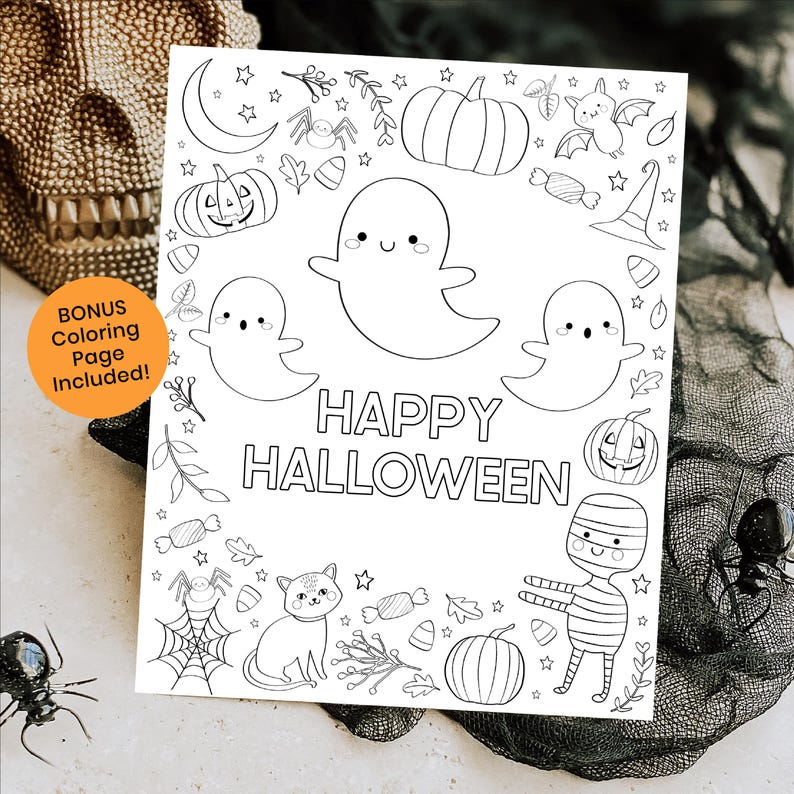 May include: A black and white coloring page featuring a variety of Halloween themed illustrations, including ghosts, pumpkins, bats, spiders, candy corn, and stars. The text "HAPPY HALLOWEEN" is written in large letters at the bottom of the page.