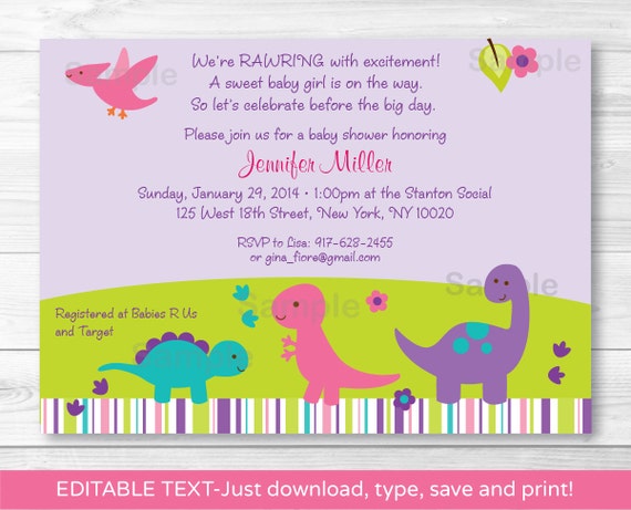 Cute Pink Dinosaur Baby Shower Invitation / Dinosaur Baby Shower Invite / Pink & Purple / Baby Girl / INSTANT DOWNLOAD Editable PDF A280 Il_570xn