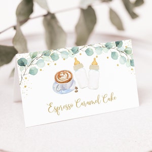 Bewerkbare tweelingbaby's brouwen tentkaarten Voedseletiketten Tweeling Koffie Babyshower Groen Goud Genderneutraal Digitale Download A601