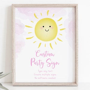 Editable Girl Sunshine Birthday Party Sign Sunshine Party Sunshine First Birthday Pink Sun Clouds Watercolor Printable Digital Download A600