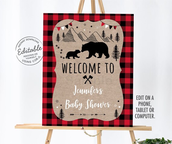 EDITABLE Lumberjack Baby Shower Welcome Sign, Rustic Wilderness Bear Baby Shower, Red Plaid, Printable, Digital, Instant Download A519 Il_570xn