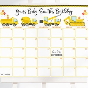 Editable Construction Truck Baby Due Date Calendar Game Construction Baby Shower Dump Truck Digger Boy Guess Baby's Birthday Digital A605