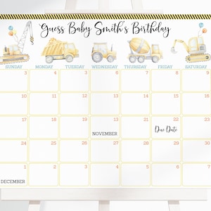 May include: A printable calendar with a yellow and black construction theme. The calendar is for guessing a baby's due date. The calendar has the months of November and December with the text "Guess Baby Smith's Birthday" at the top.