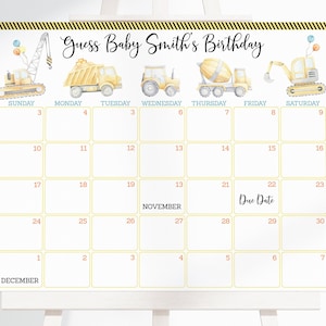 Editable Construction Truck Baby Due Date Calendar Game Construction Baby Shower Dump Truck Digger Boy Guess Baby's Birthday Digital A665