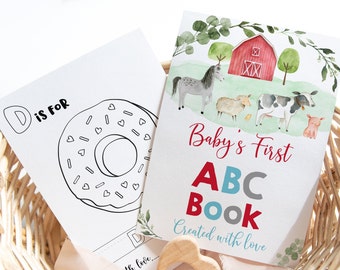Jeu de baby shower de livre ABC, alphabet des animaux de la ferme, livre à colorier premier livre ABC pour baby shower, pages à colorier en téléchargement numérique A511