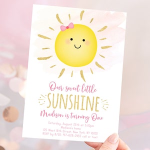 Editable Sunshine First Birthday Invitation Sunshine Party You Are My Sunshine Pink & Gold Sunshine Printable Digital Instant Download A536