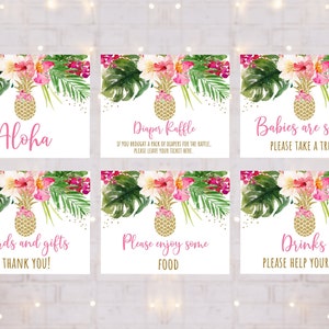 Pineapple Baby Shower Signs Tropical Floral Baby Shower Gold Glitter Pineapple 6 PRINTABLE Signs Digital Instant Download A494