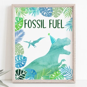 Fossil Fuel Dinosaur Birthday Sign T-Rex Birthday Three Rex Dinosaur Party Dinosaur Safari Green Blue Watercolor Digital Download A663