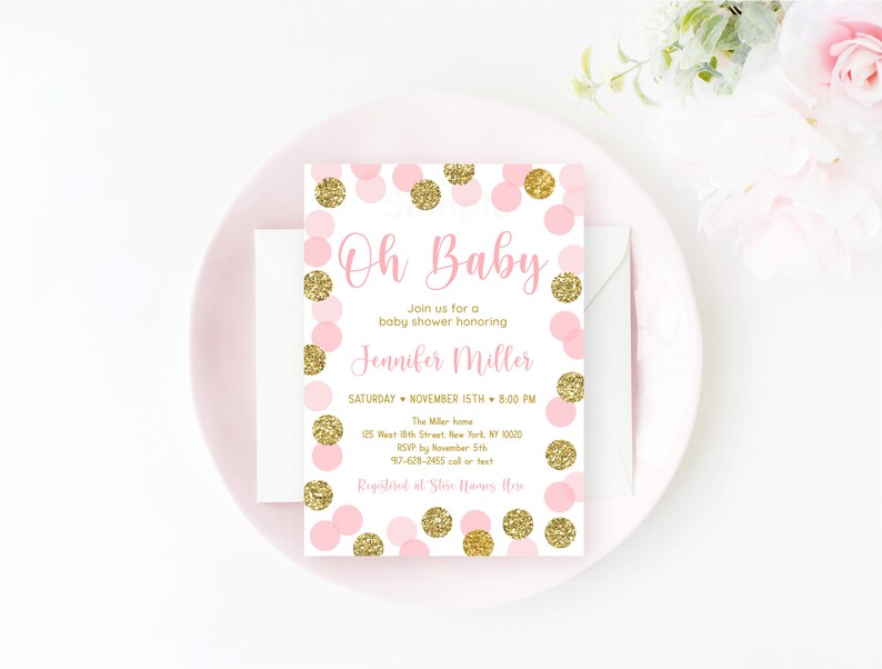 Editable Pink & Gold Baby Shower Invitation Gold Glitter Etsy