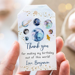 Editable Space Birthday Thank You Tags Favor Tags Gold Galaxy Planets Outer Space Rocket Ship Out Of This World Instant Download A586