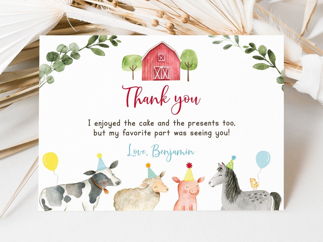 Editable Farm Birthday Thank You Card Boy Farm Animals Barnyard ...