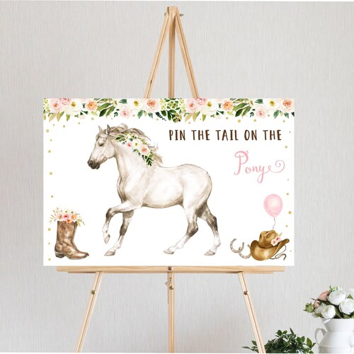 Editable Pin The Tail on the Horse Game Horse Birthday Saddle Up Pony Birthday Watercolor Horse Cowgirl Party Boho Pink Floral Digital A645