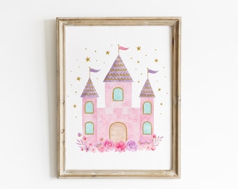 Arte murale con castello della principessa, arte per cameretta della principessa, stampa con castello rosa e viola, acquerello floreale, decorazione per cameretta delle bambine, download digitale A752