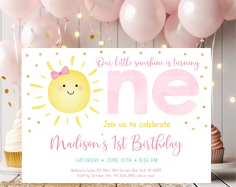 Editable Sunshine First Birthday Invitation Girl Sunshine Party Pastel Little Sunshine Pink Gold Birthday Invite Digital Download A599