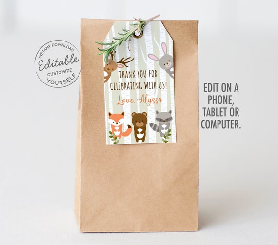 EDITABLE Woodland Party Favor Tags Thank You Tags Woodland Baby Shower Woodland Animals Forest Animals Printable Instant Download A187 Il_570xn