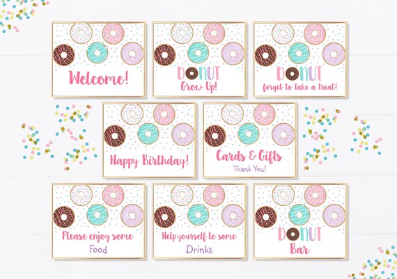 Donut Birthday Party Signs, Donut Grow Up, Donut Party, Pink Donut, First Birthday, Doughnut, 8 Printable Signs, Instant Download A500 Il_570xn