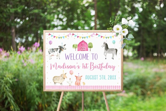 Editable Pink Farm Birthday Welcome Sign Girl Farm Party Barnyard Birthday Farm Animal Balloons Pink Gold Printable Instant Download A629 Il_570xn