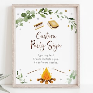 Editable S'mores Birthday Sign Table Sign S'mores Party Camping Campfire Bonfire Greenery Digital Printable Instant Download Corjl A520