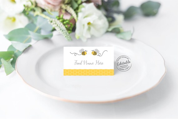 EDITABLE Bee Tent Cards Food Labels Place Cards Bee Baby Shower Yellow & Grey Gender Neutral Digital Printable Instant Download Corjl A194 Il_570xn