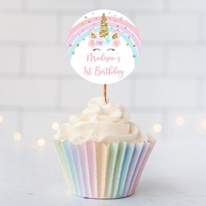 Editable Unicorn Birthday Cupcake Toppers Rainbow Unicorn Party Pink Gold Floral Unicorn Pastel Rainbow Printable Instant Download A582