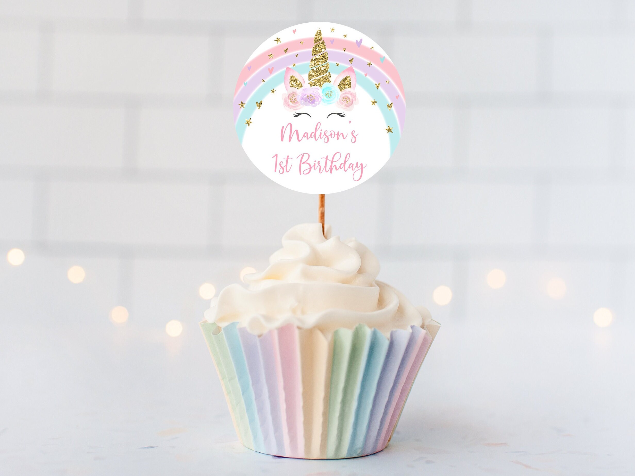 Editable Unicorn Birthday Cupcake Toppers Rainbow Unicorn Party Pink Gold Floral Unicorn Pastel Rainbow Printable Instant Download A582