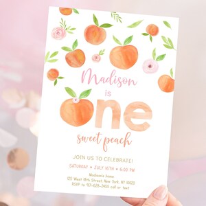 Editable Peach Birthday Invitation One Sweet Peach First Birthday Invite Watercolor Peach Girl 1st Birthday Printable Digital Download A668