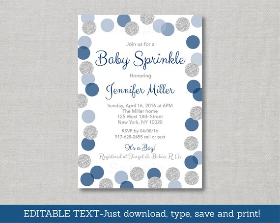 Glitter Baby Sprinkle Invitation / Baby Sprinkle Invite / Glitter Dots / Confetti / Navy Blue & Silver / INSTANT DOWNLOAD Editable PDF A133 Il_570xn