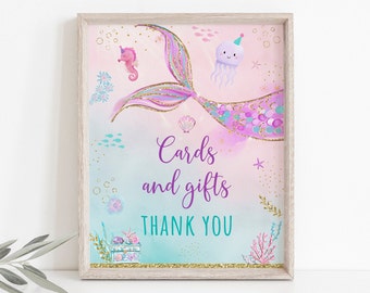 Tarjetas y regalos de sirena signo de cumpleaños cumpleaños de la sirenita bajo el mar fiesta de sirena rosa púrpura verde azulado oro descarga digital A711