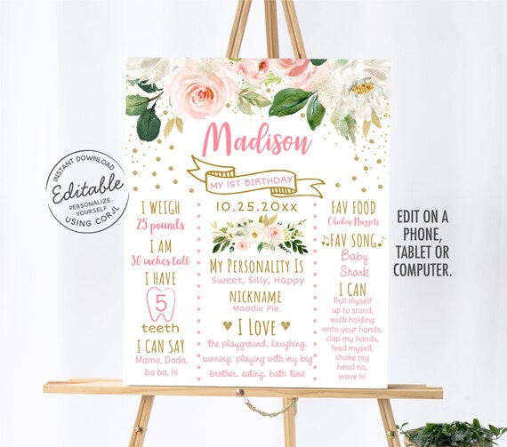 EDITABLE Floral Blush & Gold Milestone Birthday Poster, First Birthday Milestone Sign, Pink and Gold 1st Birthday Poster, Printable A492 Il_570xn