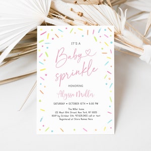 May include: A pink and white baby sprinkle invitation with colorful sprinkles around the border. The text reads "It's a Baby Sprinkle Honoring Alyssa Miller Saturday October 15th 6:00 PM The Miller home 125 West 18th Street, New York, NY 10020 RSVP by October 5th: 917.628.2455 call or text Registered at Store Names Here"