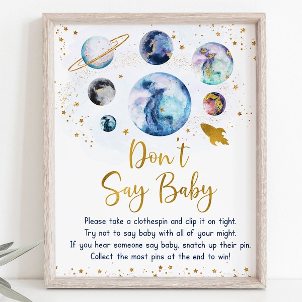 Galaxy Don't Say Baby Game Outer Space Baby Shower Blue Gold Galaxy Planets Rocket Ship Boy Baby Shower Digital Download A586