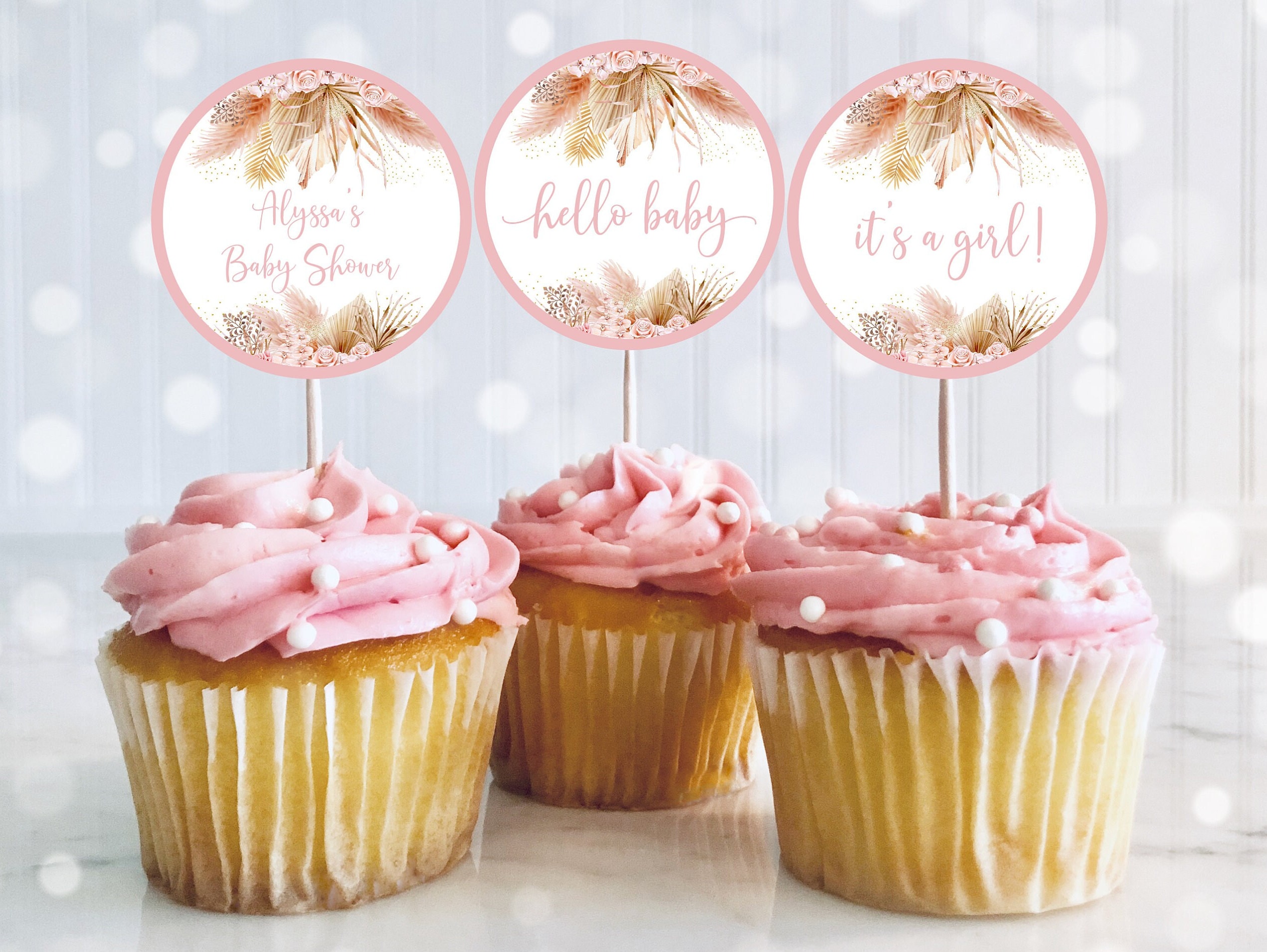 Editable Pampas Grass Cupcake Toppers Bohemian Baby Shower Tropical Desert Floral Boho Pink Floral Printable Digital Download